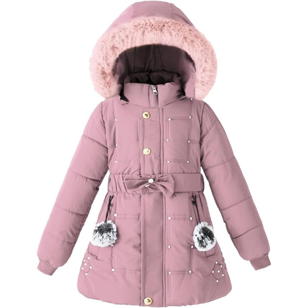 Girls Winter Dress Coats Faux Fur Hooded Fleece Jackets Waterproof Parka Outwear